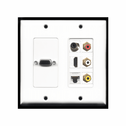 2 GANG - SVGA COUPLER WALL PLATE WHITE 3.5MM HDMI CAT5E ETHERNET RED YELLOW RCA WP-0003