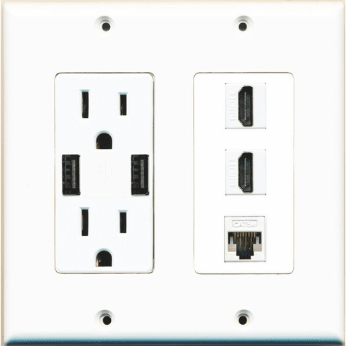 RiteAV 15 Amp 125V Power Outlet (2 USB Charger Receptacle) 2 Hdmi Cat5e Wall Plate White