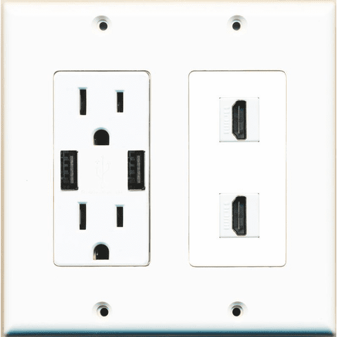 RiteAV 15 Amp 125V Power Outlet (2 USB Charger Receptacle) 2 Hdmi Wall Plate White