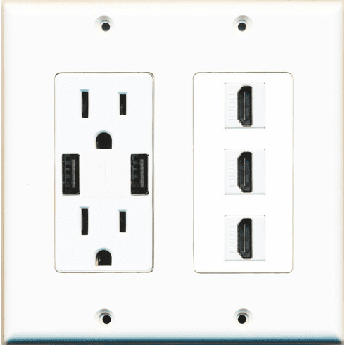 RiteAV 15 Amp 125V Power Outlet (2 USB Charger Receptacle) 3 Hdmi Wall Plate