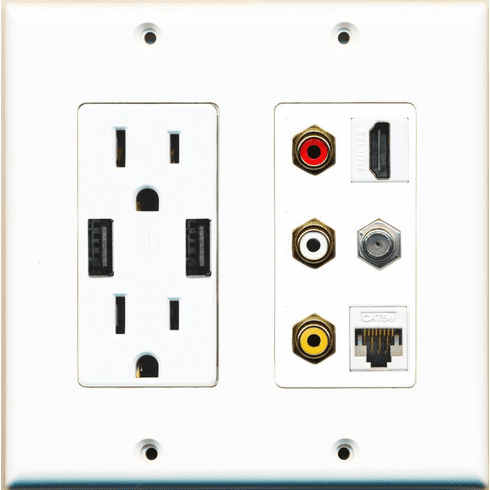 RiteAV 15 Amp 125V Power Outlet (2 USB Charger Receptacle) Cat5e Coax Composite Hdmi Wall Plate