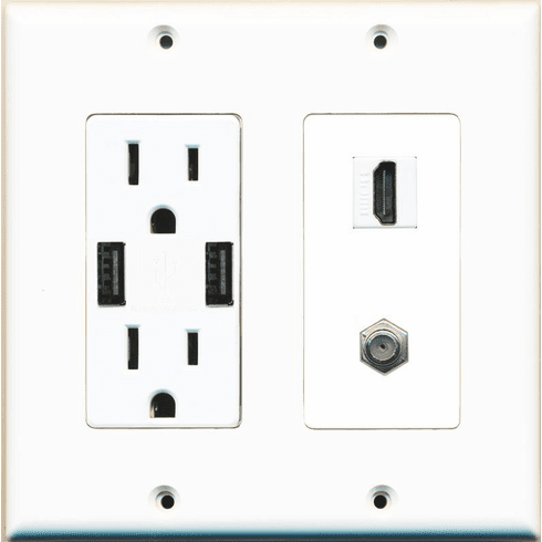 RiteAV 15 Amp 125V Power Outlet (2 USB Charger Receptacle) Hdmi Coax Wall Plate 2 Gang White