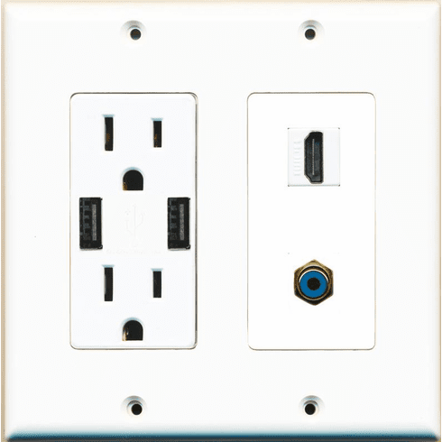 RiteAV 15 Amp 125V Power Outlet (2 USB Charger Receptacle) Hdmi Rca Blue Wall Plate White