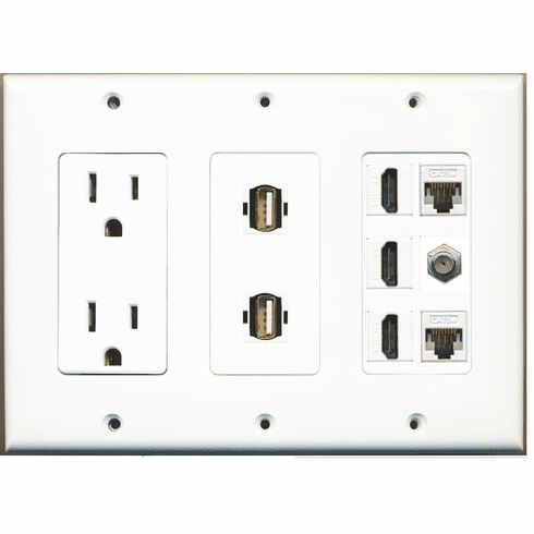 RiteAV 15 Amp Power Outlet 2 USB - 3 HDMI 2 Ethernet 1 Coax Cable TV Wall Plate