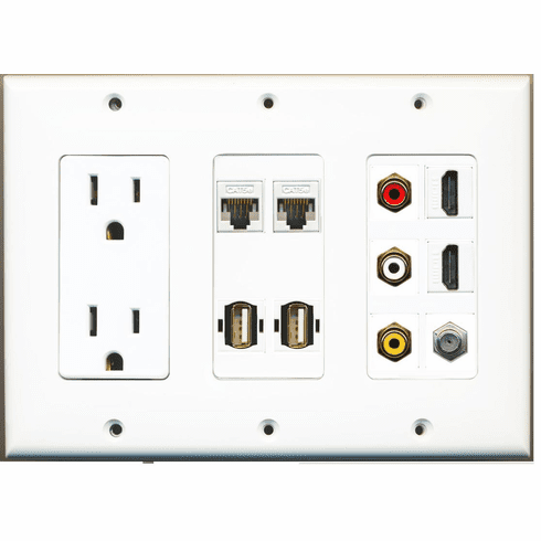 RiteAV 15 Amp Power Outlet 3 RCA Composite 2 HDMI 1 Coax 2 USB Cat5e Wall Plate