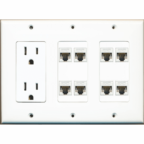 RiteAV 15A 125V Power Outlets + 8 x Cat5e Ethernet Triple 3 Gang Wall Plate