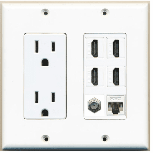 RiteAV 15A Power Outlet 4 Port HDMI 1 x Cat5e Ethernet Coax Cable TV Wall Plate