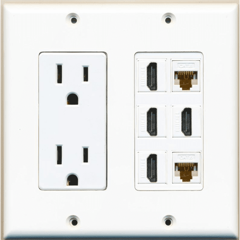 RiteAV Power Outlet + 4 Port HDMI x 2 Cat6 RJ45 Ethernet Jack Wall Plate White