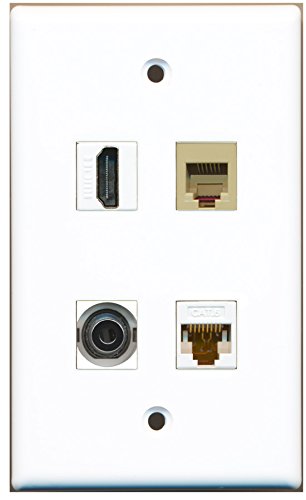 RiteAV - 1 Port HDMI 1 Port Phone RJ11 RJ12 Beige 1 Port 3.5mm 1 Port Cat6 Ethernet White Wall Plate