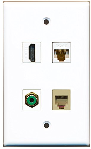 RiteAV - 1 Port HDMI 1 Port RCA Green 1 Port Phone RJ11 RJ12 Beige 1 Port Cat6 Ethernet White Wall Plate