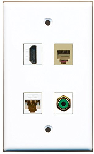 RiteAV - 1 Port HDMI 1 Port RCA Green 1 Port Phone RJ11 RJ12 Beige 1 Port Cat6 Ethernet White Wall Plate