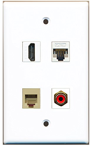 RiteAV - 1 Port HDMI 1 Port RCA Red 1 Port Phone RJ11 RJ12 Beige 1 Port Cat5e Ethernet White Wall Plate