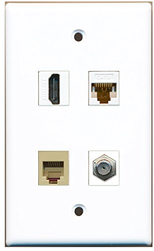 RiteAV - 1 Port HDMI 1 Port Coax Cable TV- F-Type 1 Port Phone RJ11 RJ12 Beige 1 Port Cat6 Ethernet White Wall Plate