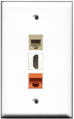 RiteAV - 1 Port HDMI 1 Phone RJ11 RJ12 Beige 1 Cat5e Ethernet Orange Wall Plate