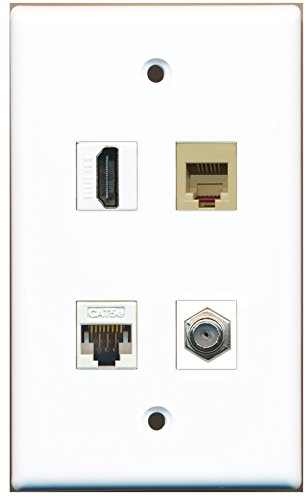 RiteAV - 1 Port HDMI 1 Port Coax Cable TV- F-Type 1 Port Phone RJ11 RJ12 Beige 1 Port Cat5e Ethernet White Wall Plate