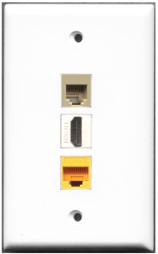 RiteAV - 1 Port HDMI 1 Phone RJ11 RJ12 Beige 1 Cat5e Ethernet Yellow Wall Plate