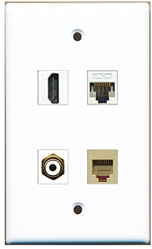 RiteAV - 1 Port HDMI 1 Port RCA White 1 Port Phone RJ11 RJ12 Beige 1 Port Cat5e Ethernet White Wall Plate