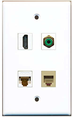 RiteAV - 1 Port HDMI 1 Port RCA Green 1 Port Phone RJ11 RJ12 Beige 1 Port Cat6 Ethernet White Wall Plate