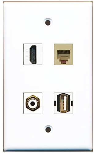 RiteAV - 1 Port HDMI 1 Port RCA White 1 Port USB A-A 1 Port Phone RJ11 RJ12 Beige Wall Plate