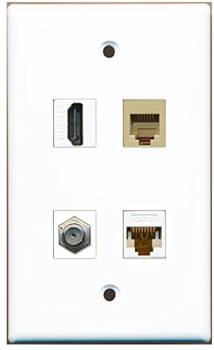 RiteAV - 1 Port HDMI 1 Port Coax Cable TV- F-Type 1 Port Phone RJ11 RJ12 Beige 1 Port Cat6 Ethernet White Wall Plate