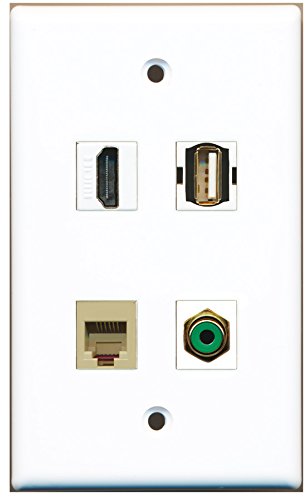 RiteAV - 1 Port HDMI 1 Port RCA Green 1 Port USB A-A 1 Port Phone RJ11 RJ12 Beige Wall Plate