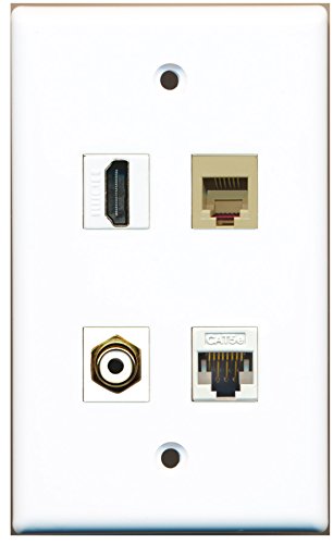 RiteAV - 1 Port HDMI 1 Port RCA White 1 Port Phone RJ11 RJ12 Beige 1 Port Cat5e Ethernet White Wall Plate