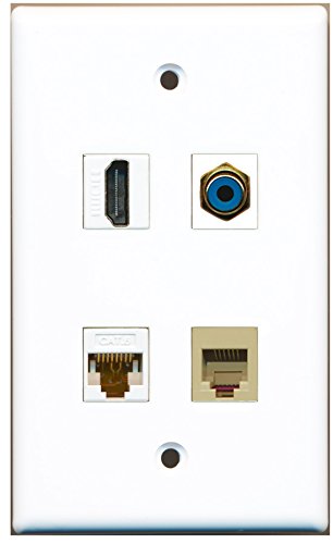 RiteAV - 1 Port HDMI 1 Port RCA Blue 1 Port Phone RJ11 RJ12 Beige 1 Port Cat6 Ethernet White Wall Plate