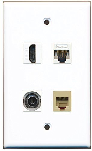 RiteAV - 1 Port HDMI 1 Port Phone RJ11 RJ12 Beige 1 Port 3.5mm 1 Port Cat5e Ethernet White Wall Plate