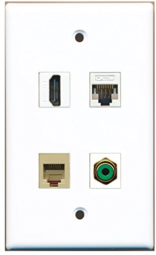 RiteAV - 1 Port HDMI 1 Port RCA Green 1 Port Phone RJ11 RJ12 Beige 1 Port Cat5e Ethernet White Wall Plate