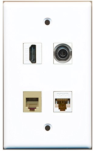 RiteAV - 1 Port HDMI 1 Port Phone RJ11 RJ12 Beige 1 Port 3.5mm 1 Port Cat6 Ethernet White Wall Plate