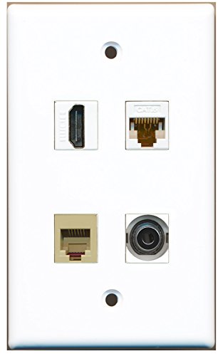 RiteAV - 1 Port HDMI 1 Port Phone RJ11 RJ12 Beige 1 Port 3.5mm 1 Port Cat6 Ethernet White Wall Plate