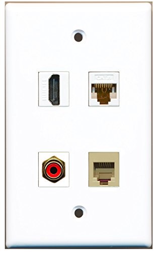 RiteAV - 1 Port HDMI 1 Port RCA Red 1 Port Phone RJ11 RJ12 Beige 1 Port Cat6 Ethernet White Wall Plate