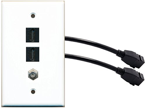 RiteAV (1 Gang Flat) 2 HDMI Black Coax Wall Plate w/ Pigtail Extension Cable White