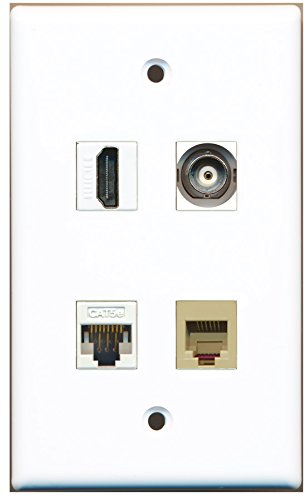 RiteAV - 1 Port HDMI 1 Port Phone RJ11 RJ12 Beige 1 Port BNC 1 Port Cat5e Ethernet White Wall Plate