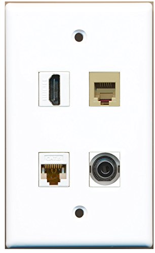 RiteAV - 1 Port HDMI 1 Port Phone RJ11 RJ12 Beige 1 Port 3.5mm 1 Port Cat6 Ethernet White Wall Plate