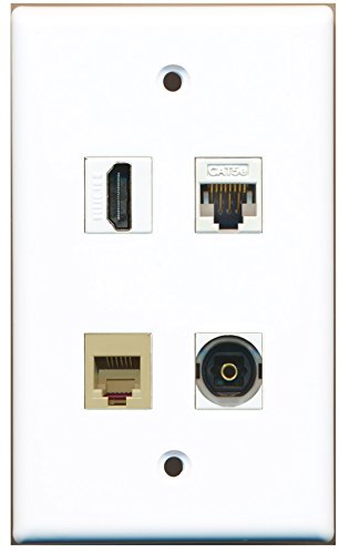 RiteAV - 1 Port HDMI 1 Port Phone RJ11 RJ12 Beige 1 Port Toslink 1 Port Cat5e Ethernet White Wall Plate