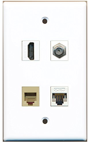 RiteAV - 1 Port HDMI 1 Port Coax Cable TV- F-Type 1 Port Phone RJ11 RJ12 Beige 1 Port Cat5e Ethernet White Wall Plate