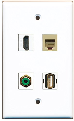 RiteAV - 1 Port HDMI 1 Port RCA Green 1 Port USB A-A 1 Port Phone RJ11 RJ12 Beige Wall Plate