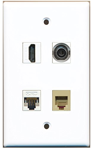 RiteAV - 1 Port HDMI 1 Port Phone RJ11 RJ12 Beige 1 Port 3.5mm 1 Port Cat5e Ethernet White Wall Plate