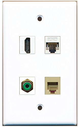 RiteAV - 1 Port HDMI 1 Port RCA Green 1 Port Phone RJ11 RJ12 Beige 1 Port Cat5e Ethernet White Wall Plate