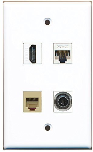 RiteAV - 1 Port HDMI 1 Port Phone RJ11 RJ12 Beige 1 Port 3.5mm 1 Port Cat5e Ethernet White Wall Plate