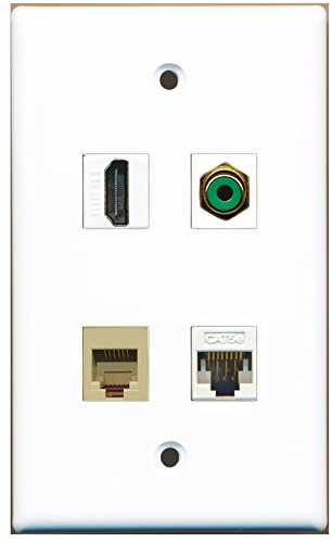 RiteAV - 1 Port HDMI 1 Port RCA Green 1 Port Phone RJ11 RJ12 Beige 1 Port Cat5e Ethernet White Wall Plate