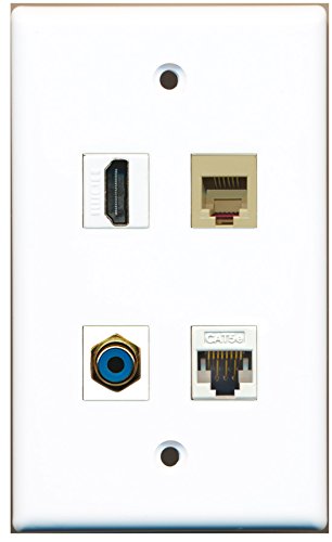 RiteAV - 1 Port HDMI 1 Port RCA Blue 1 Port Phone RJ11 RJ12 Beige 1 Port Cat5e Ethernet White Wall Plate