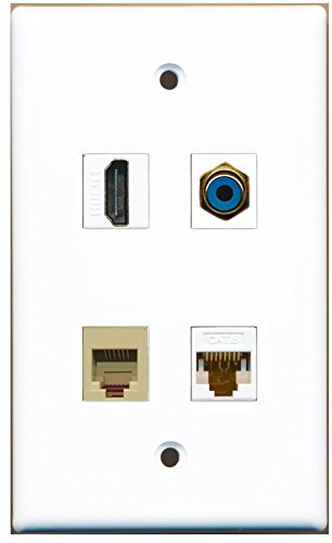 RiteAV - 1 Port HDMI 1 Port RCA Blue 1 Port Phone RJ11 RJ12 Beige 1 Port Cat6 Ethernet White Wall Plate