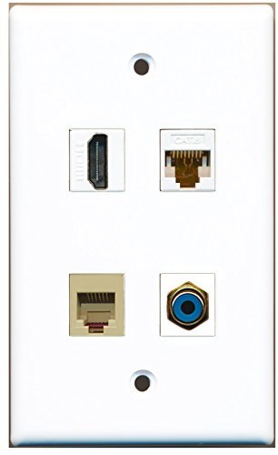 RiteAV - 1 Port HDMI 1 Port RCA Blue 1 Port Phone RJ11 RJ12 Beige 1 Port Cat6 Ethernet White Wall Plate