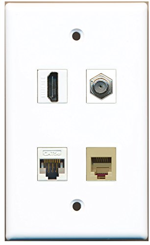 RiteAV - 1 Port HDMI 1 Port Coax Cable TV- F-Type 1 Port Phone RJ11 RJ12 Beige 1 Port Cat5e Ethernet White Wall Plate