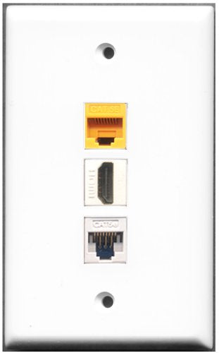 RiteAV - 1 Port HDMI 1 Cat5e Ethernet White 1 Cat5e Ethernet Yellow Wall Plate