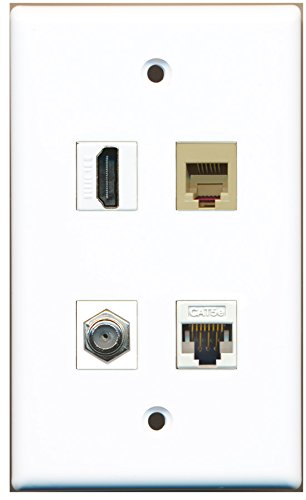 RiteAV - 1 Port HDMI 1 Port Coax Cable TV- F-Type 1 Port Phone RJ11 RJ12 Beige 1 Port Cat5e Ethernet White Wall Plate