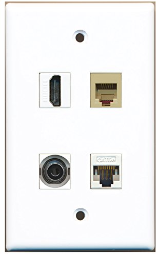 RiteAV - 1 Port HDMI 1 Port Phone RJ11 RJ12 Beige 1 Port 3.5mm 1 Port Cat5e Ethernet White Wall Plate