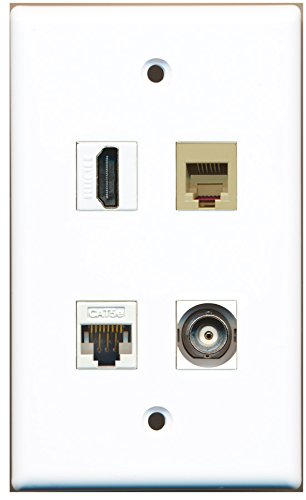 RiteAV - 1 Port HDMI 1 Port Phone RJ11 RJ12 Beige 1 Port BNC 1 Port Cat5e Ethernet White Wall Plate